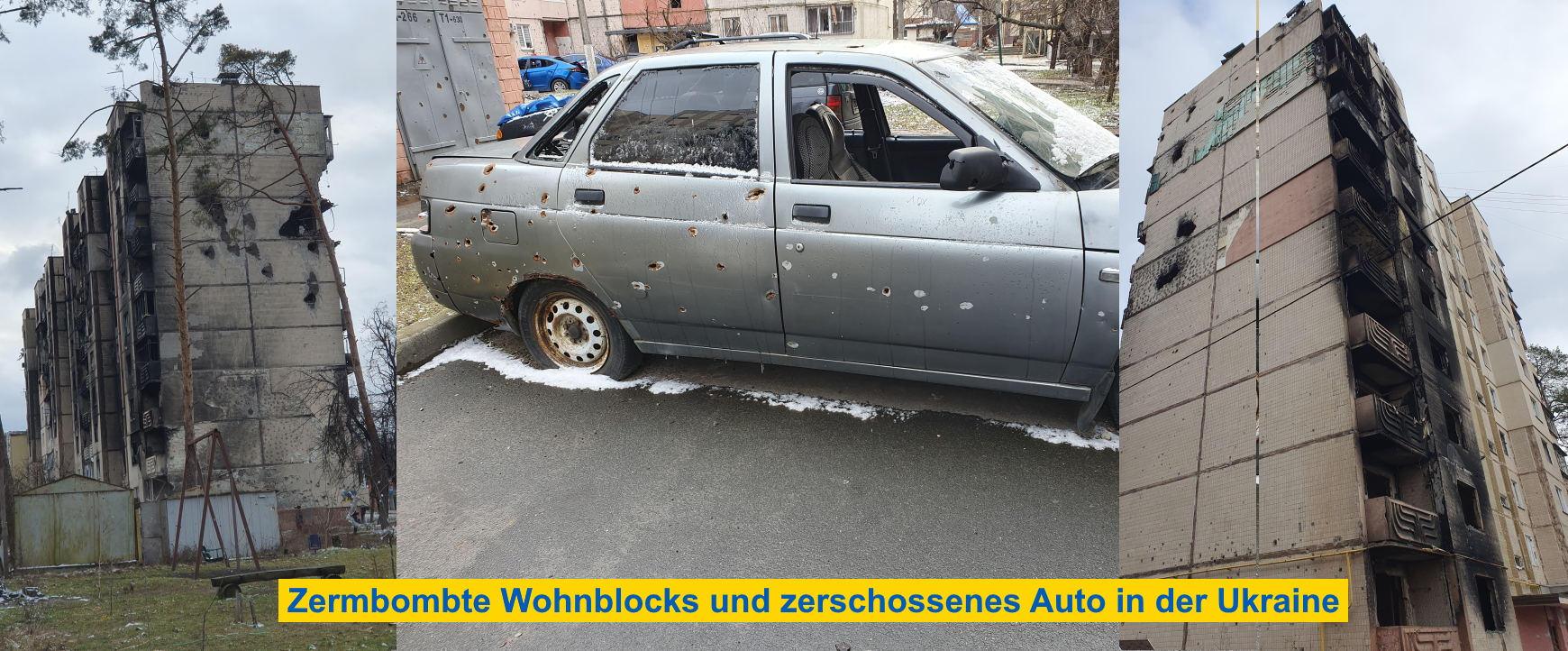 Zerbombte Wohnblocks und zerschossenes Auto in der Ukraine